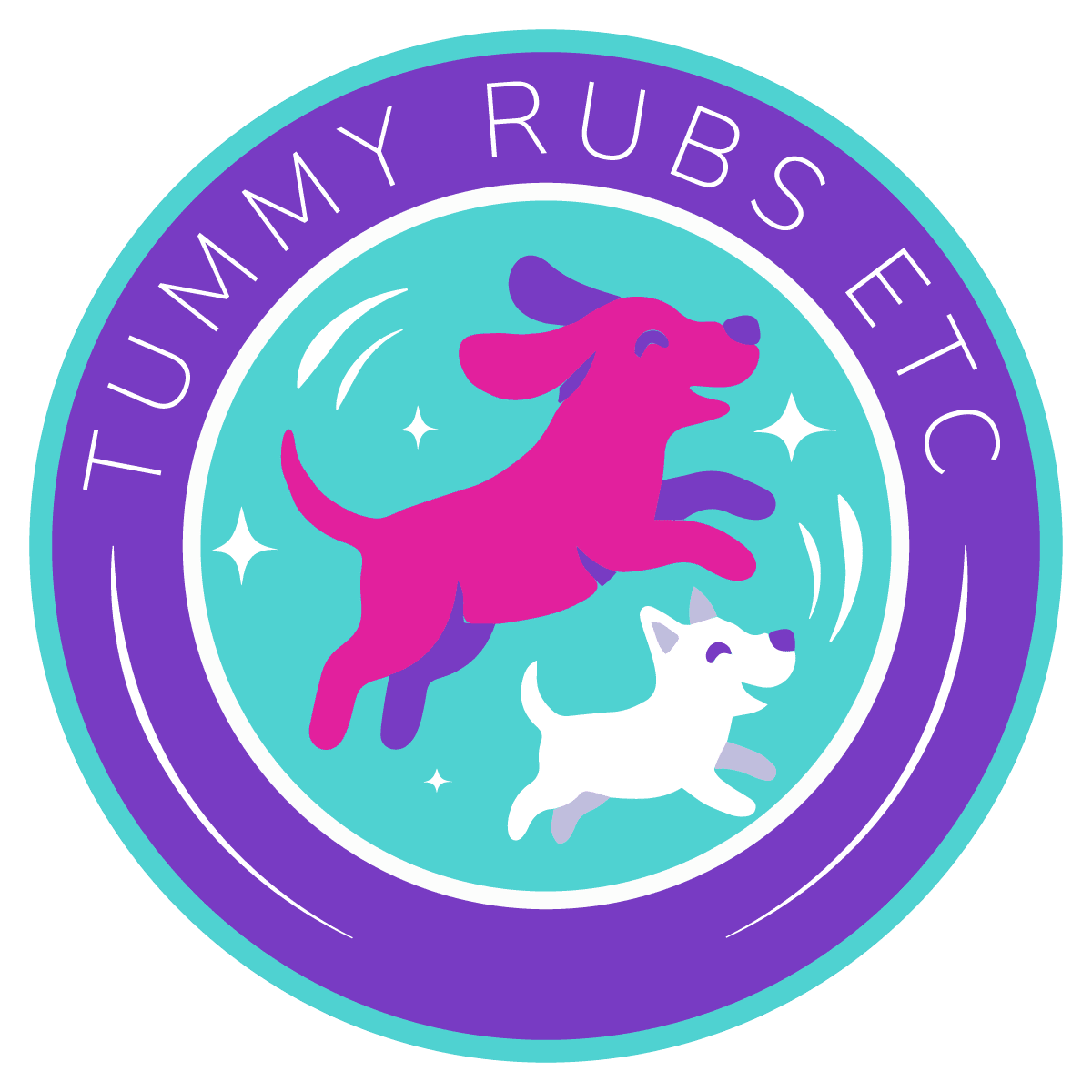 Logo featuring two playful dogs inside a purple circle.